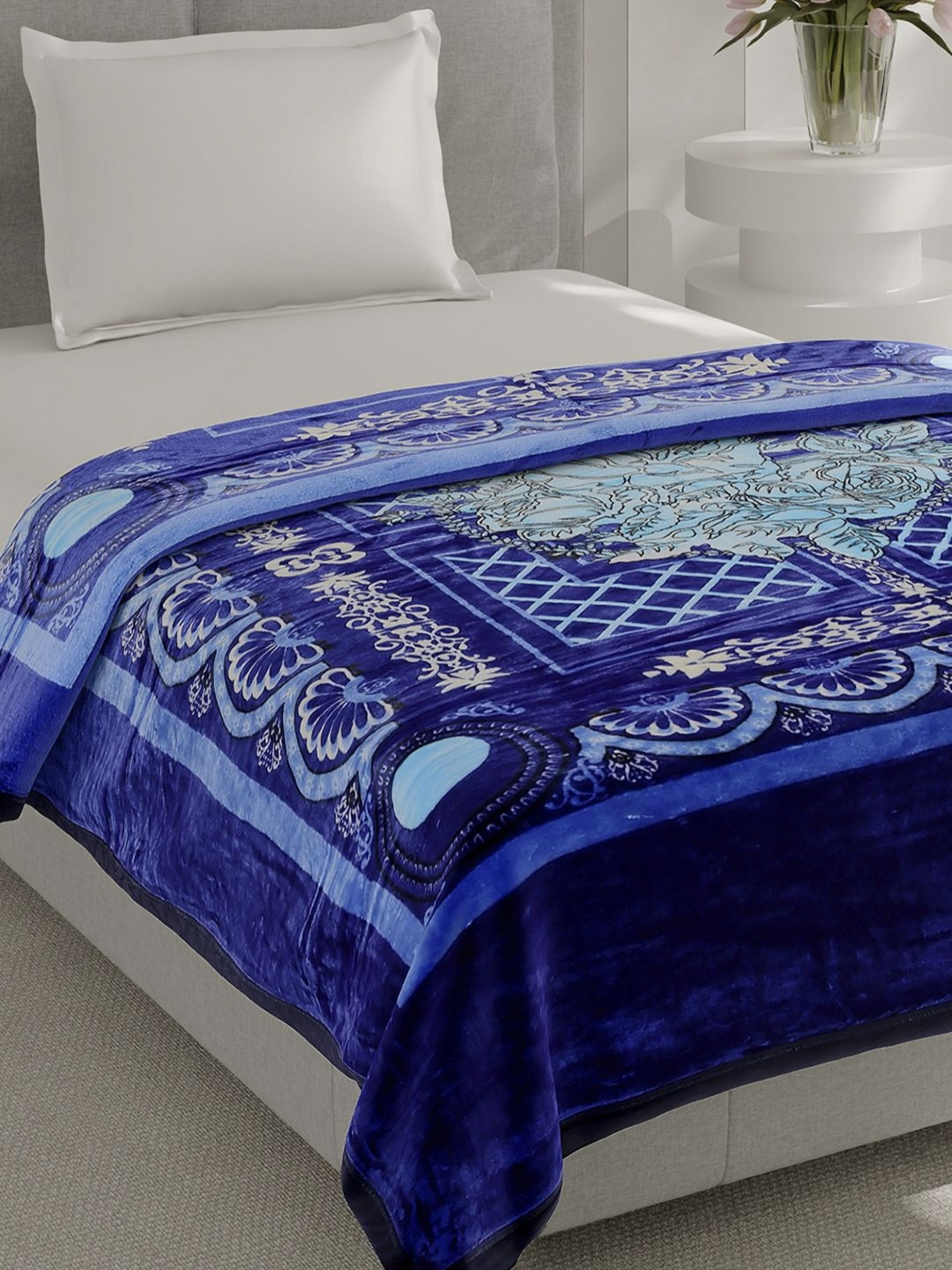 Monte Carlo Relation Plus Blue & Green Printed Heavy Winter Single Bed Blanket 483 GSM