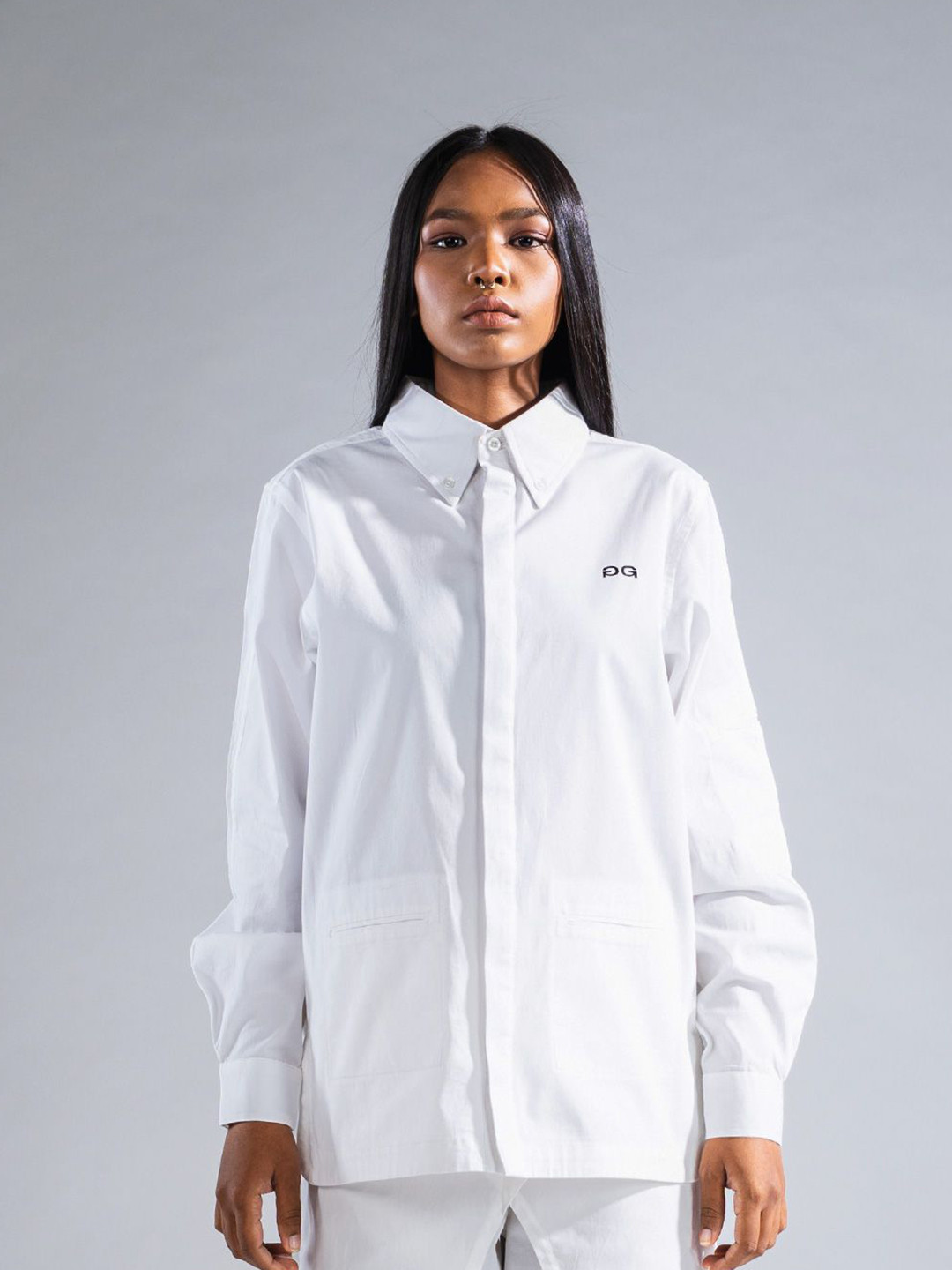 PRIMAL GRAY Women Oversized Fit Solid Button-Down Collar Cotton Casual Shirt