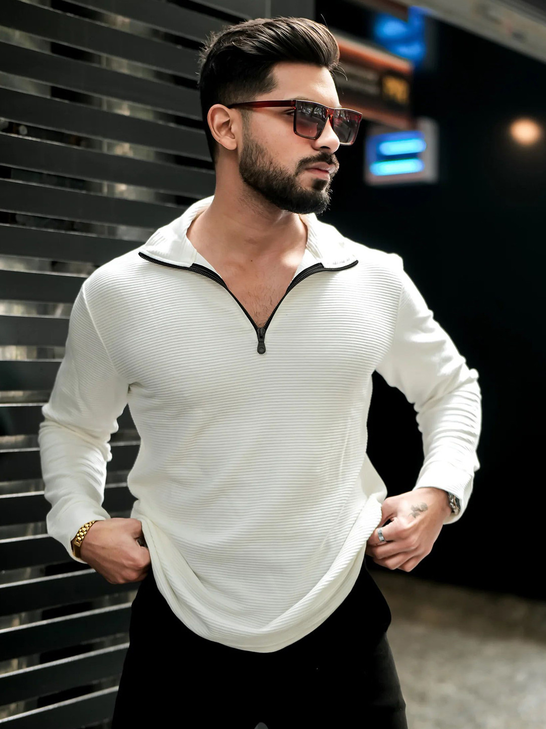 Kasendra Men Self Design V-Neck Cotton T-shirt