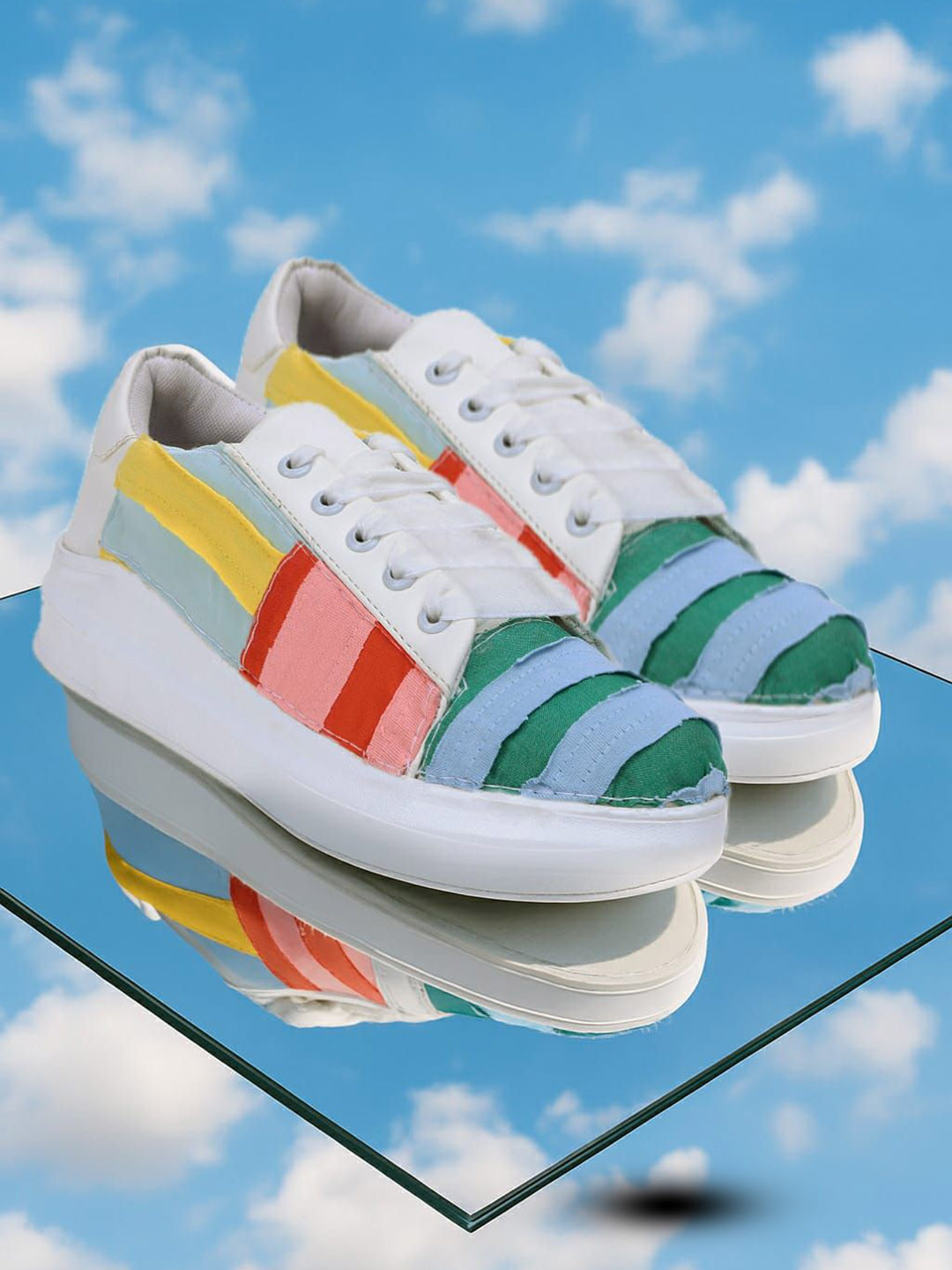 The Saree Sneakers Women Colourblocked Patchwork Round Toe Lace Ups Lightweight Sneakers