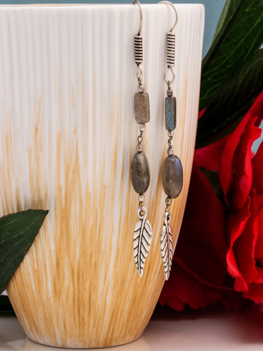 Shrim jewels Brass-Plated Labradorite Beaded Oxidised Square Shaped Drop Earrings