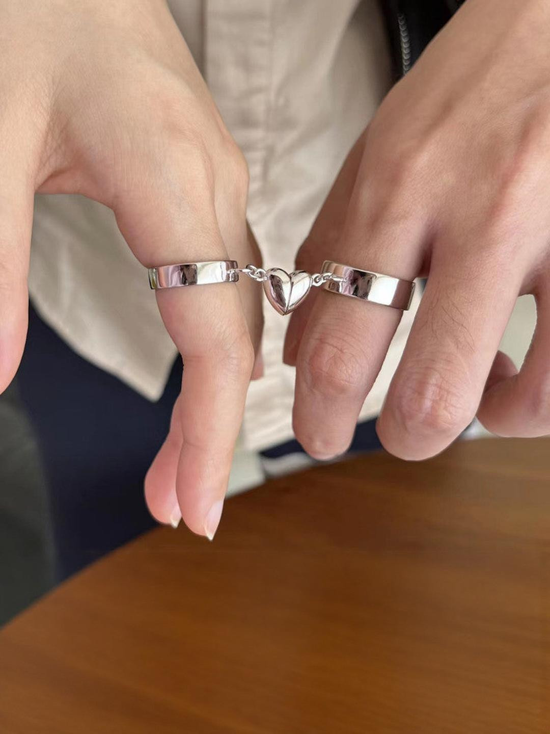 TheVineGirl Silver Magnetic Heart Matching Love Couple Rings