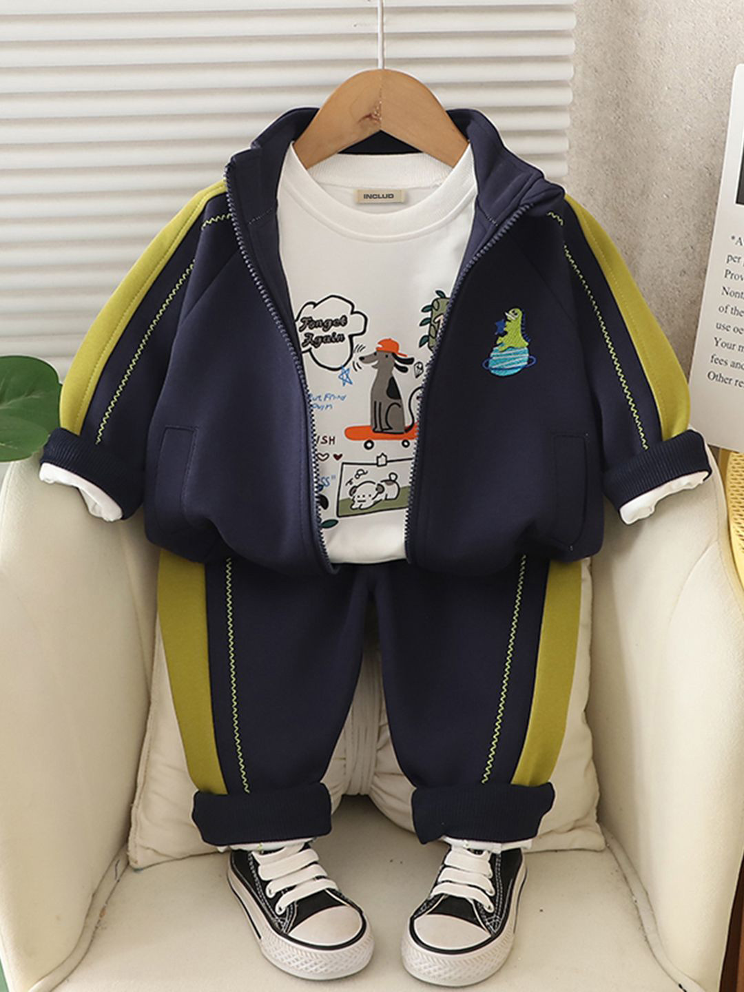 INCLUD Boys Dinosaur Embroidered High Neck T-shirt and Shirt with Trousers