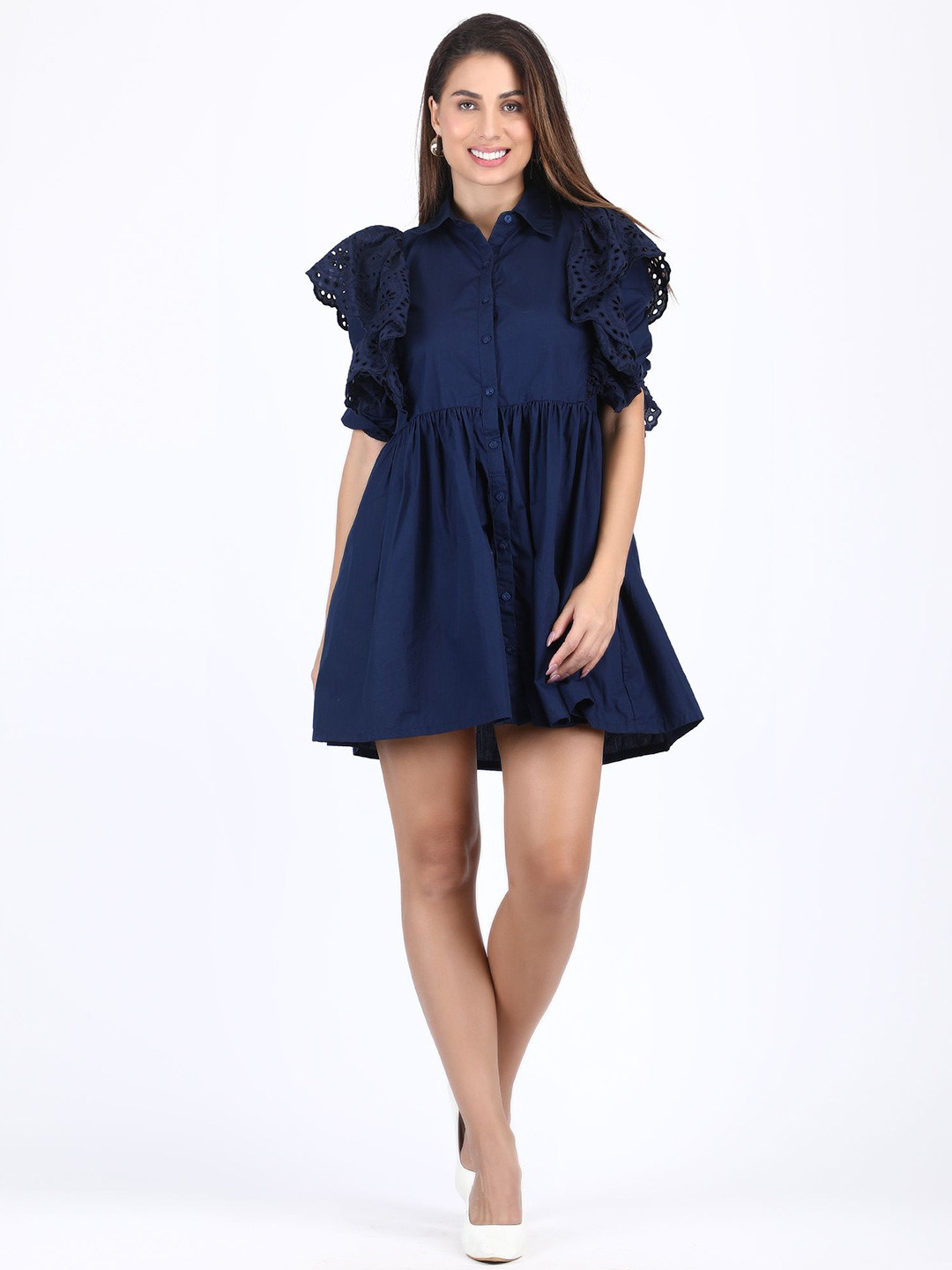 Luxe Weaves Ruffels Puff Sleeves Shirt Collar Shirt Mini Dress