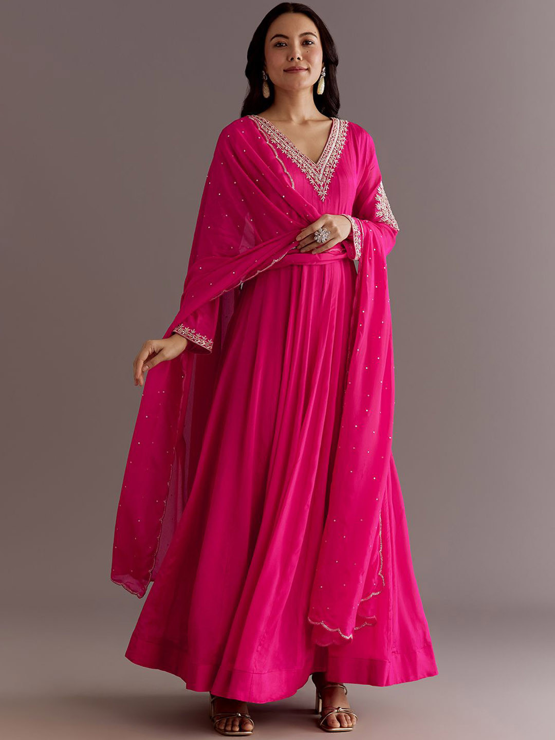 KALKI Fashion Cutdana Embroidered V-Neck Chinon Anarkali Ethnic Dress With Dupatta