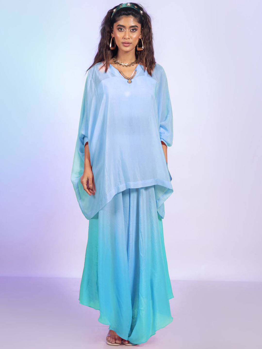 SANGRIA SOUL Women Ombre-Dyed Kaftan-Top With Draped Palazzos Co-Ords