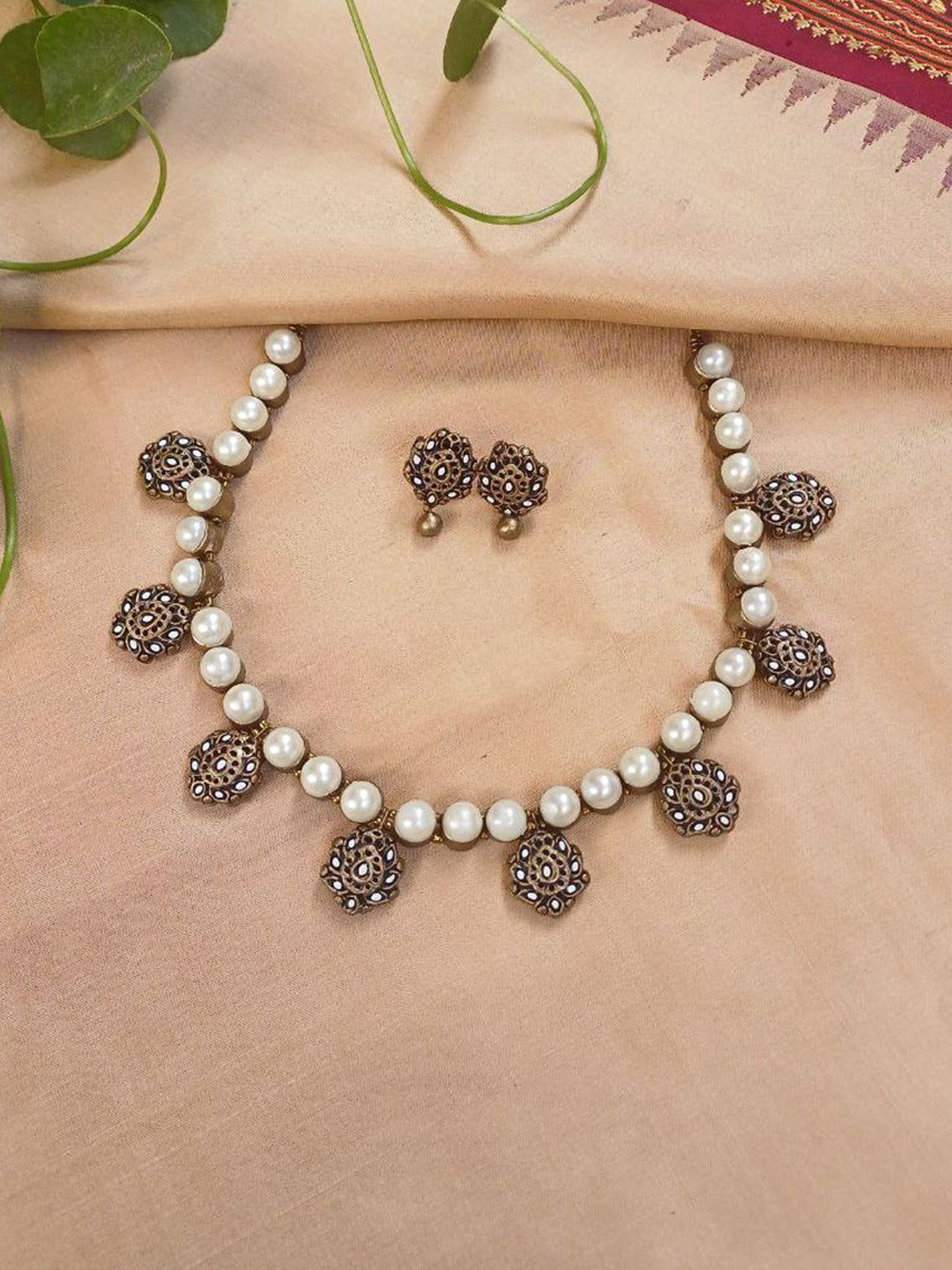 JUMKEY Terracotta Pearl Beaded Necklace and Earrings Jewellery Set