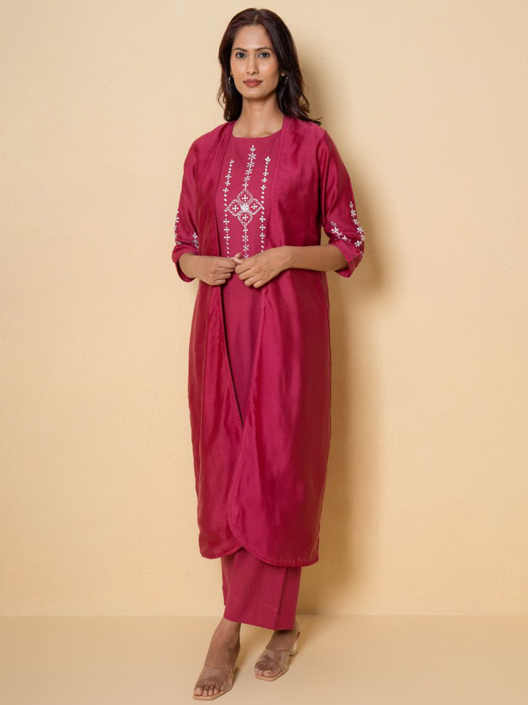 Kameez by Pooja Kejriwal Rouge Pink Floral Embroidered Cotton Kurta Set (Set of 3)