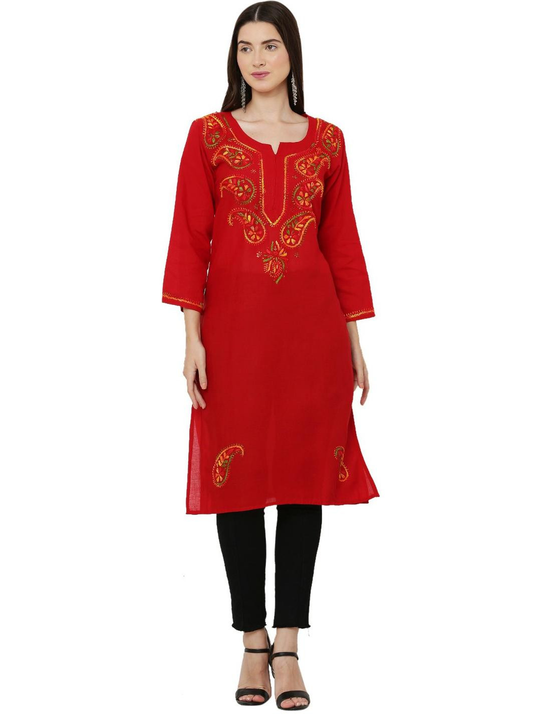 FIIZA Women Red Chikankari Kurti