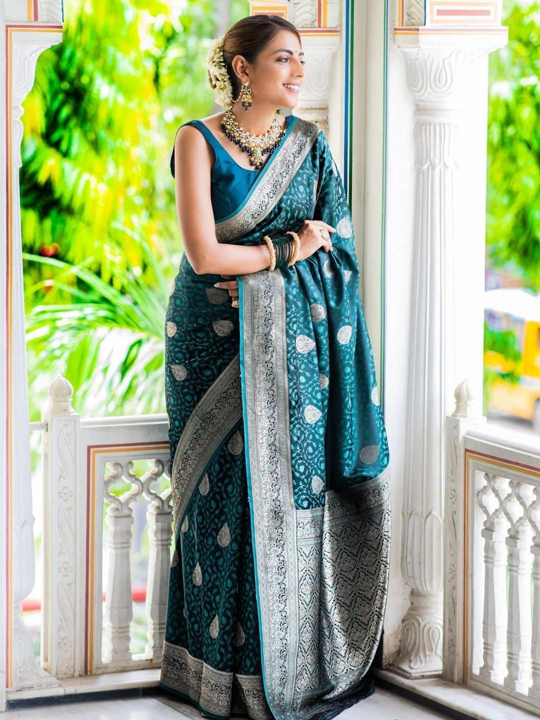 Kriyansh Turquoise Blue Woven Design Cotton Blend Barasi Sarees