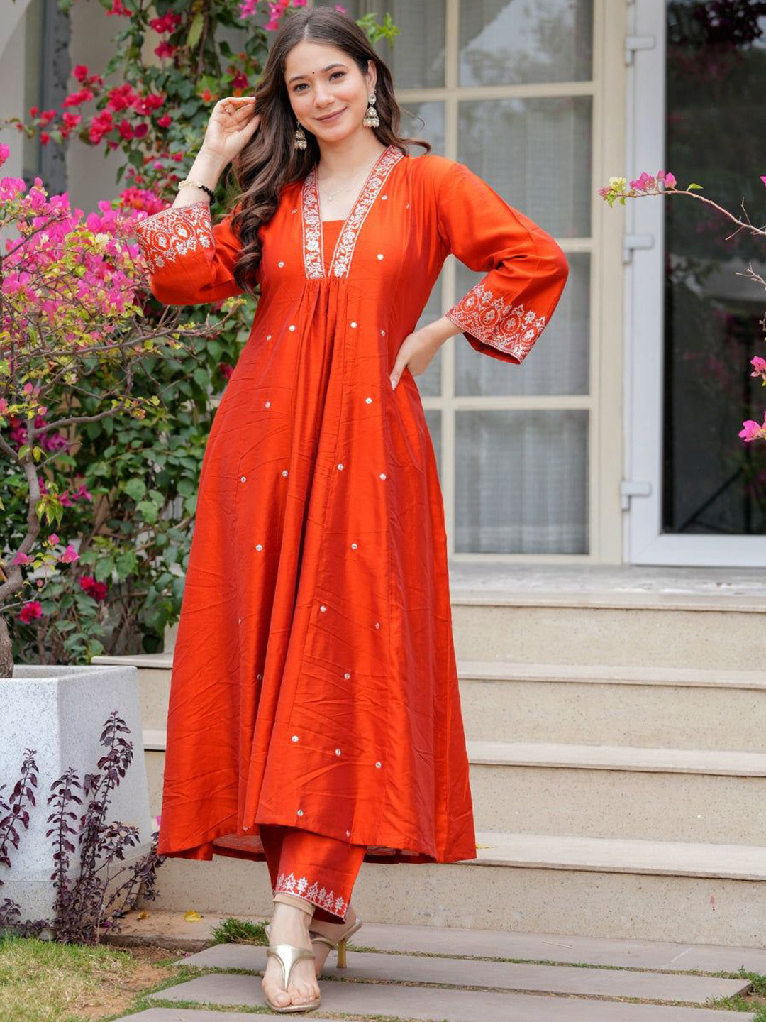 SWEETPEL Floral Embroidered Square Neck Thread Work Kurta With Trousers & Dupatta