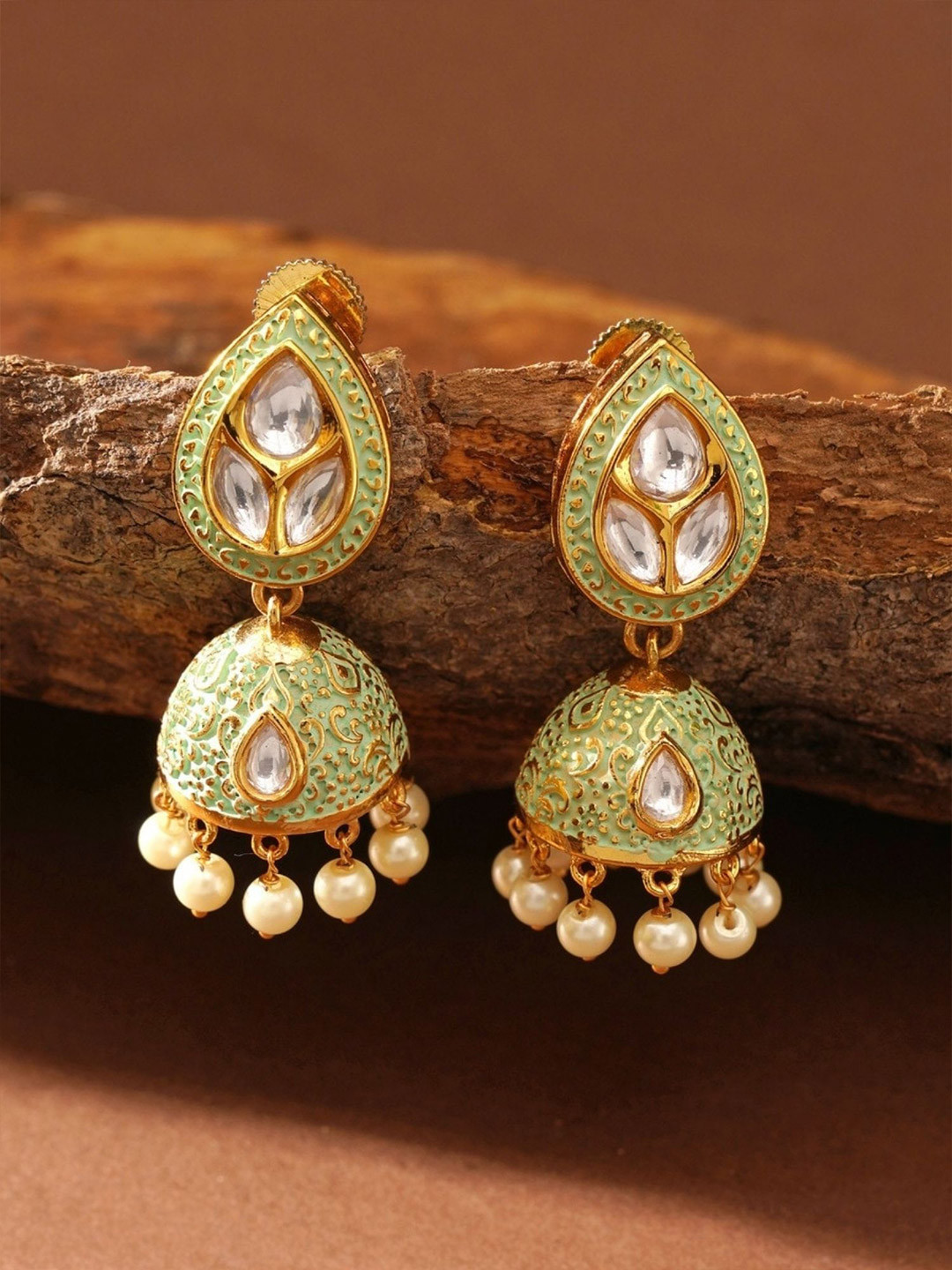 ABDESIGNS Ellite Gold Plated Meenakari Kundan Studder Jhumka