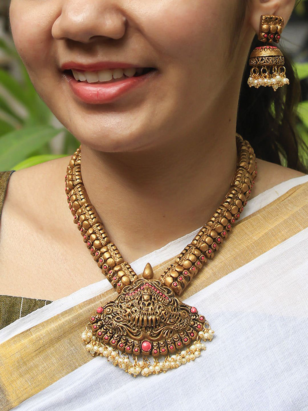 JUMKEY Women Gold & Pink Lakshmi Durga Design Terracotta Necklace & Earrings Jewellery Set