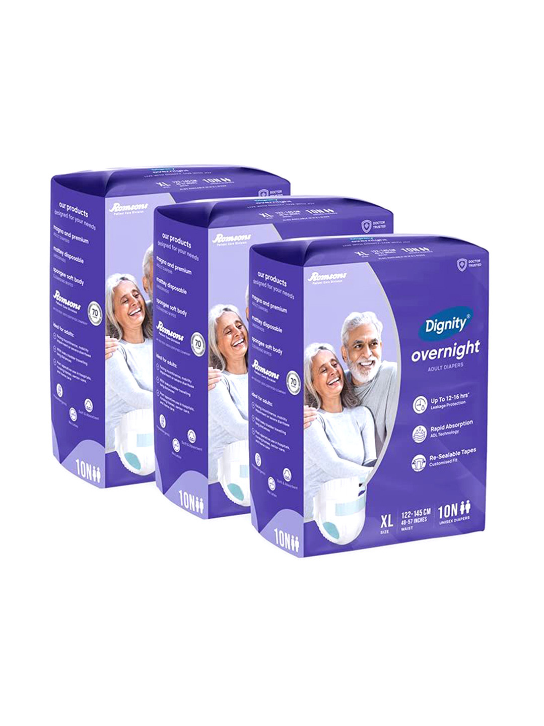 Dignity Unisex Set Of 3 Overnight Tape Style Adult Diapers- XL- 10 Pcs Each