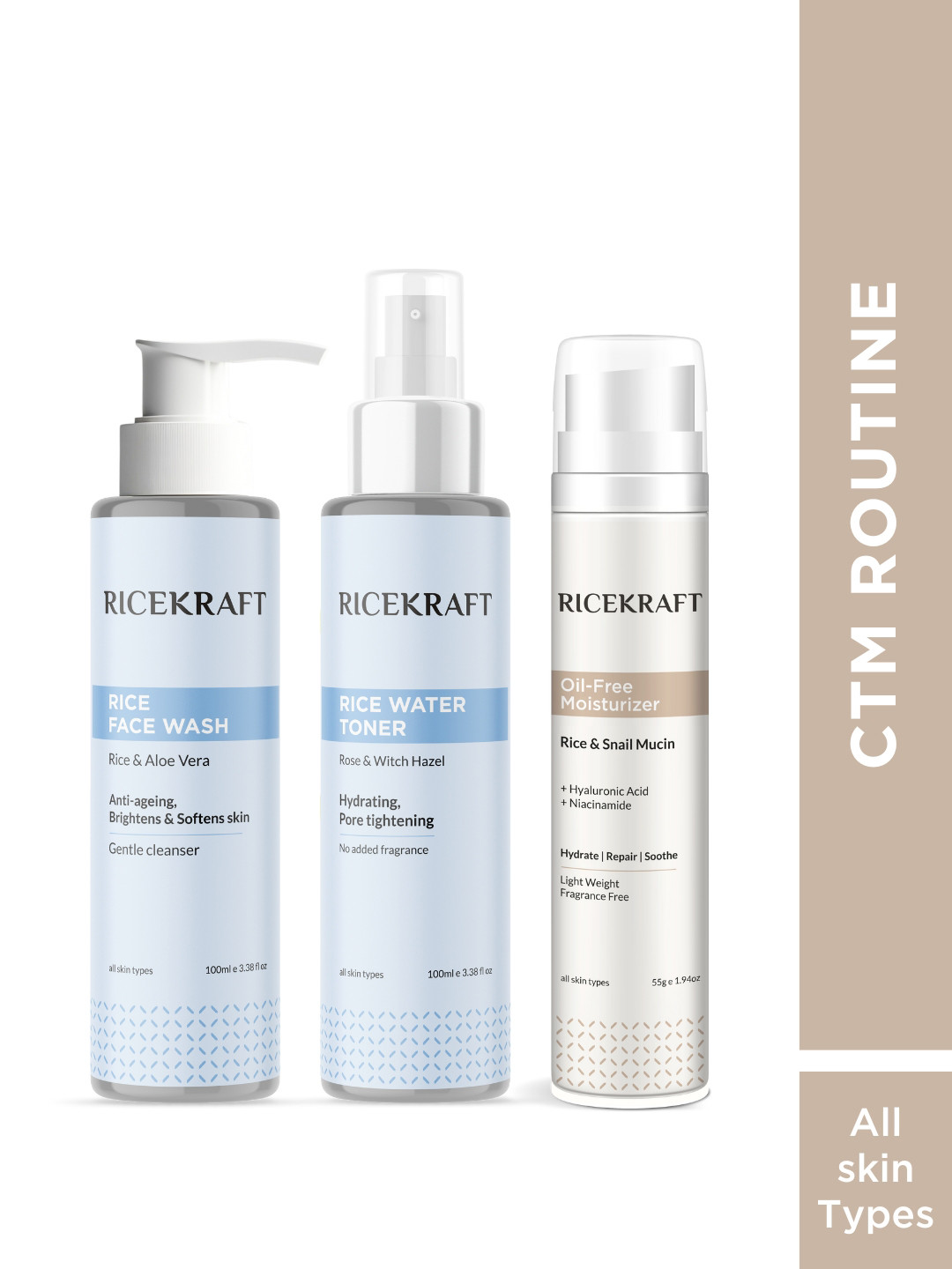 Ricekraft Set Of 3 Rice Face Wash (100ml) + Toner (100ml) + Snail Mucin Moisturizer (55g)