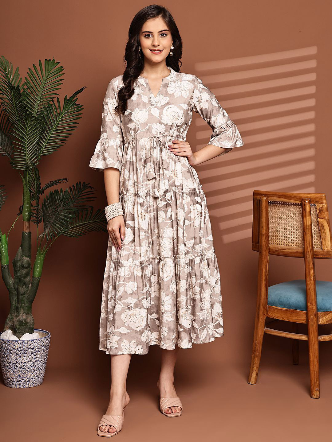 Claura Women Cream Floral Print Bell Sleeve Silk Maxi Midi Dress