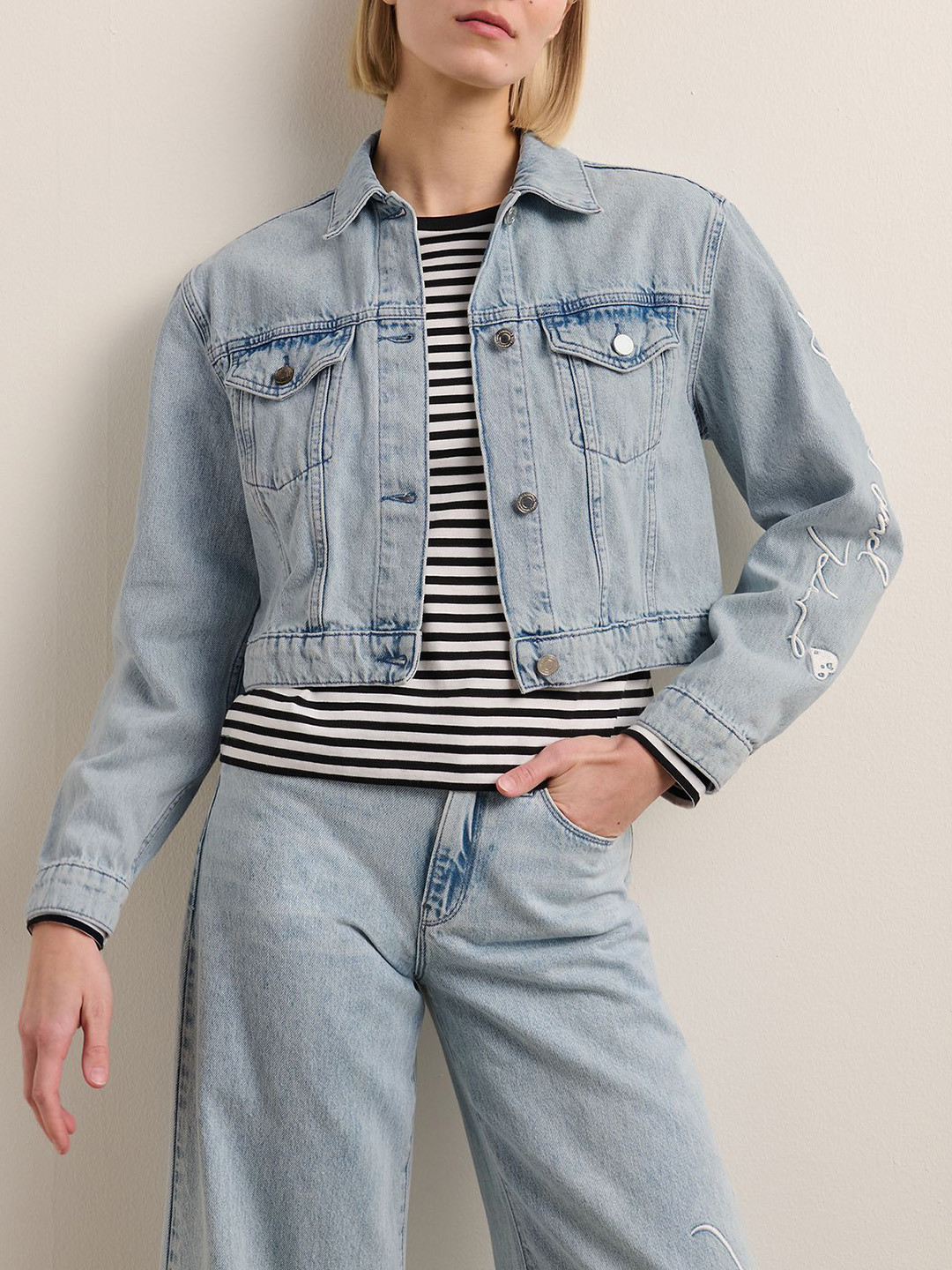 Karl Lagerfeld Women Spread Collar Graphic Denim Jacket