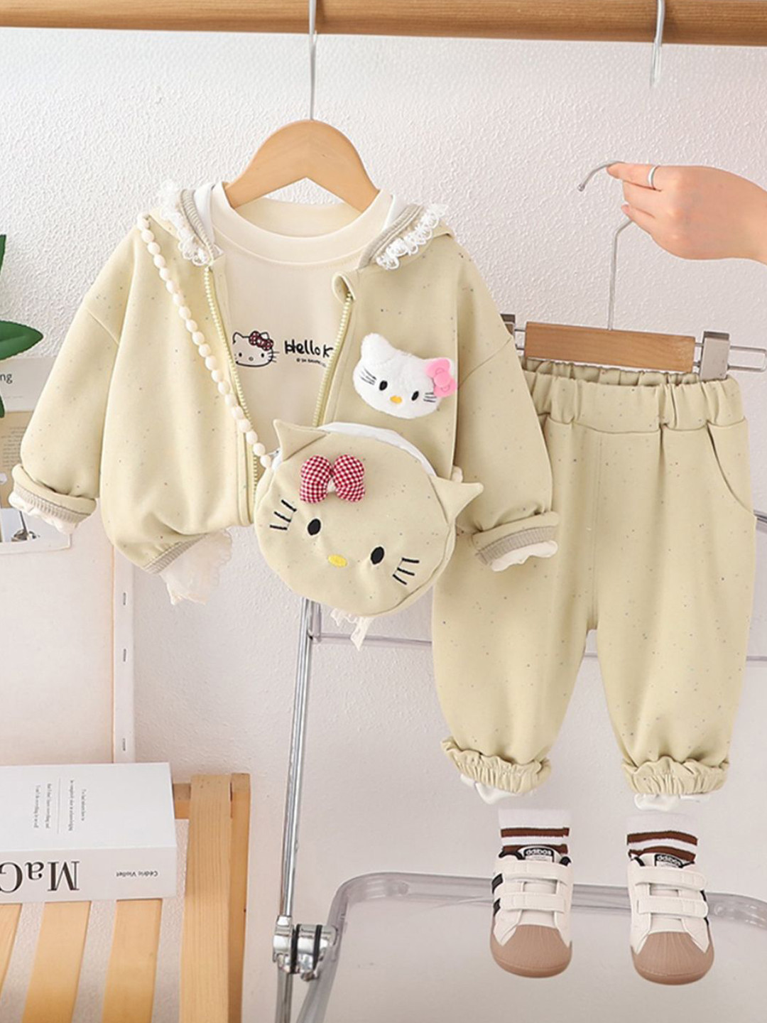 INCLUD Girls Hello Kitty Printed Round Neck T-shirt With Sweatshirt, Joggers & Bag