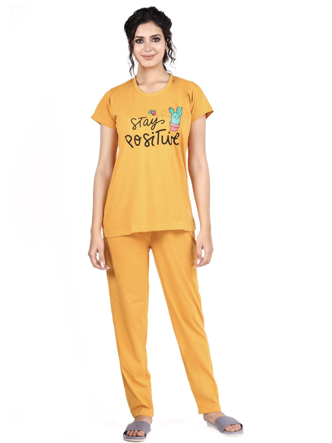 E-MAX Women Yellow Cotton Blend Night suits
