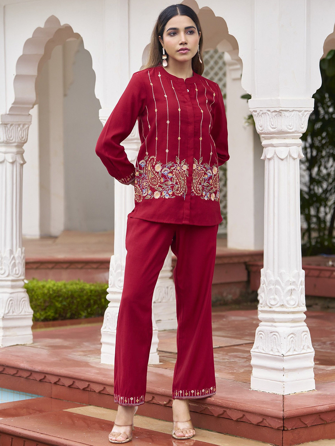 AUTUMN LANE Opela Vermi Embroidered Mandarin Collar Tunic With Trouser