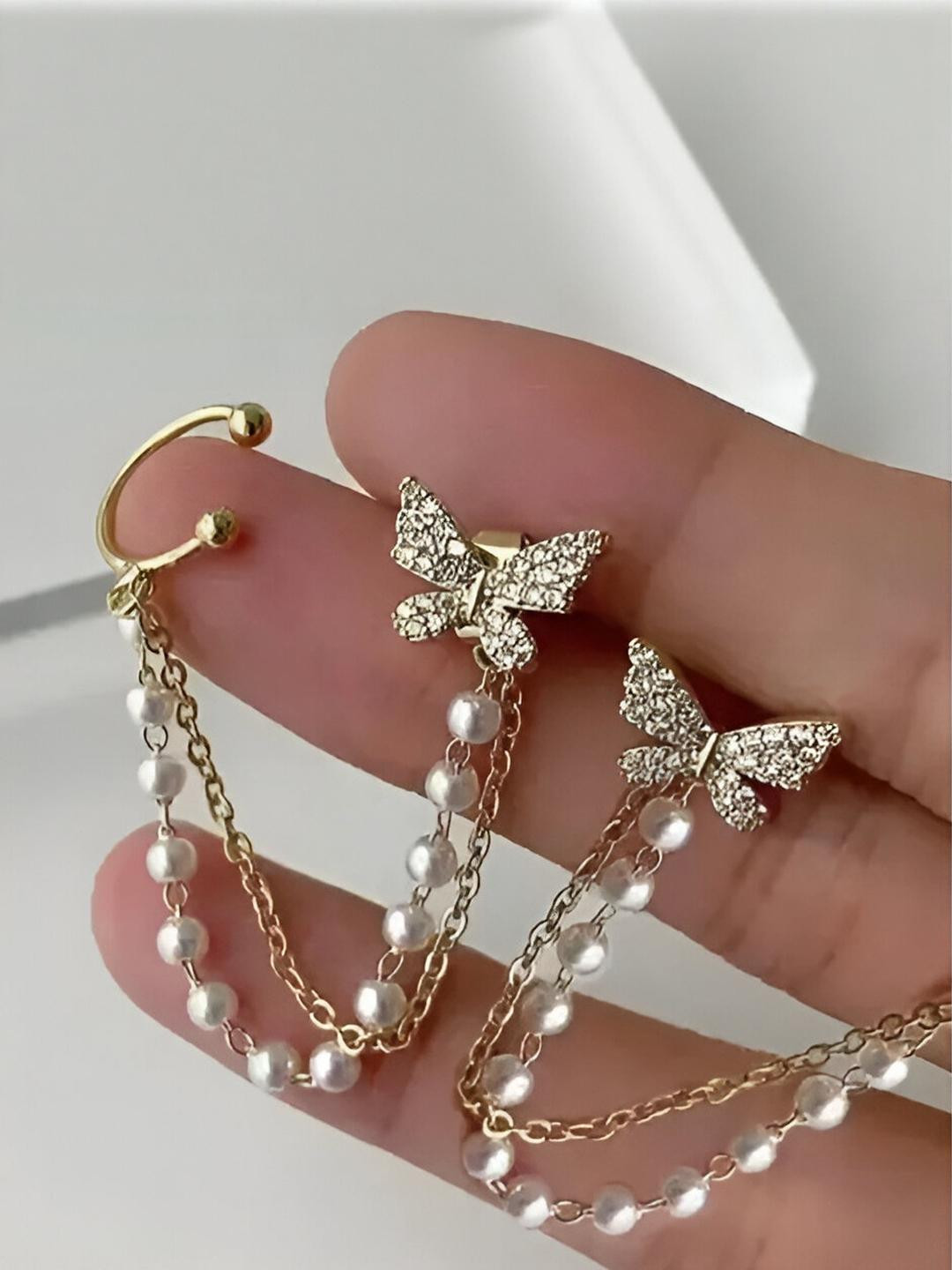TheVineGirl Korean Pearl Chain Ear Cuff Butterfly Stud Earrings