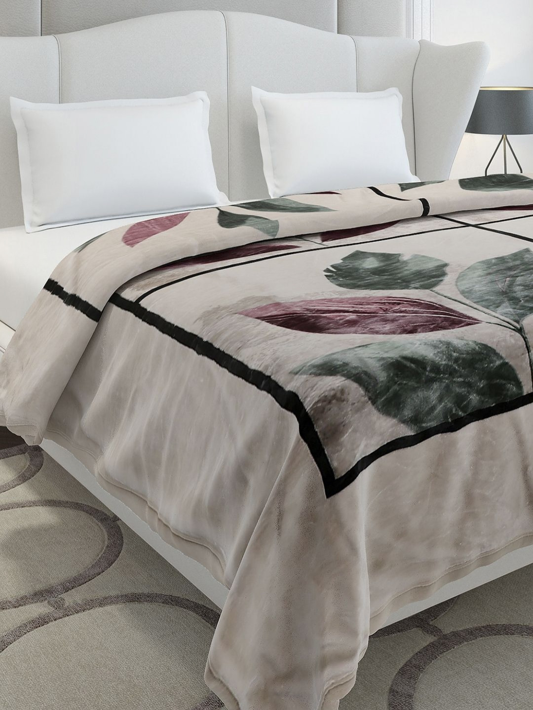 Monte Carlo Gulnar Beige & Grey Printed Heavy Winter Double Bed Blanket 890 GSM