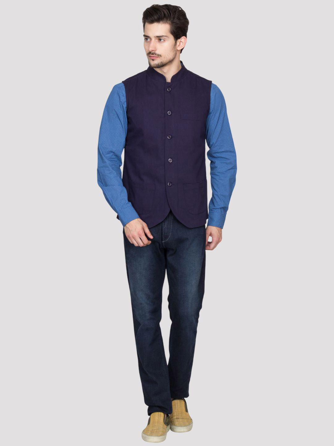 Hypernation Breasted Woven Pure Cotton Nehru Jacket