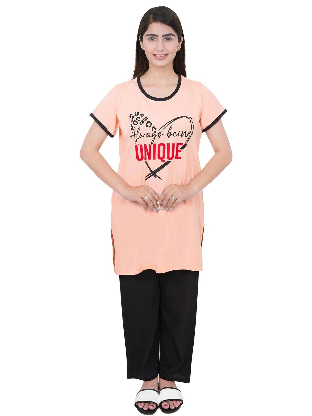E-MAX Women Orange Cotton Blend Night suits