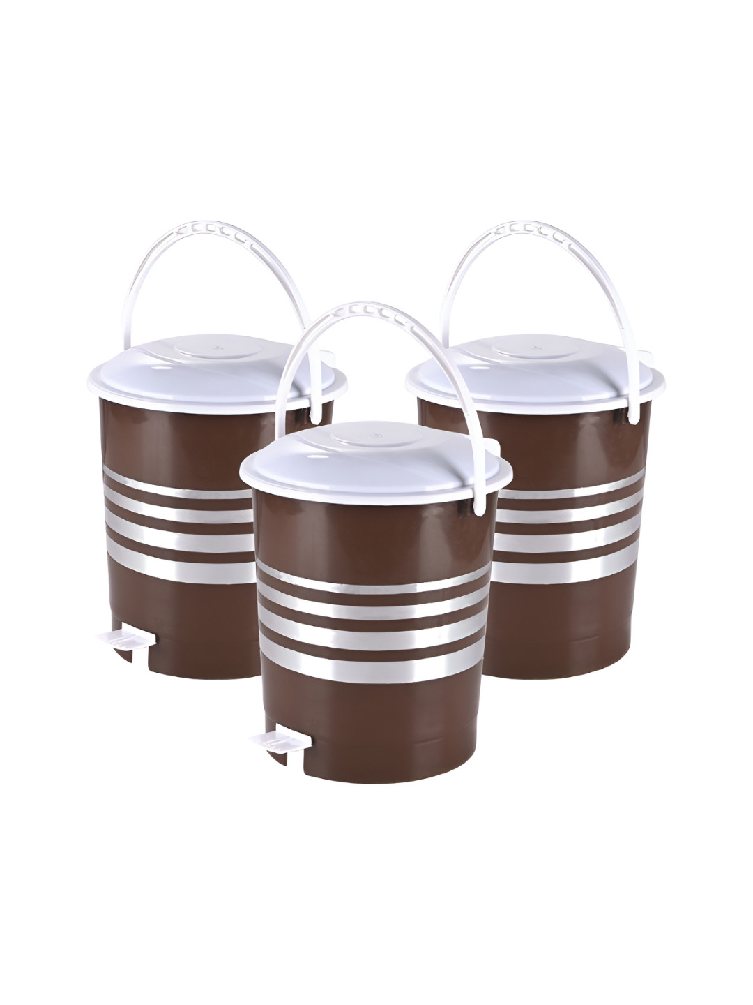 Aura 3 Pieces Brown And White Striped Pedal Bin With Handle 10L Each