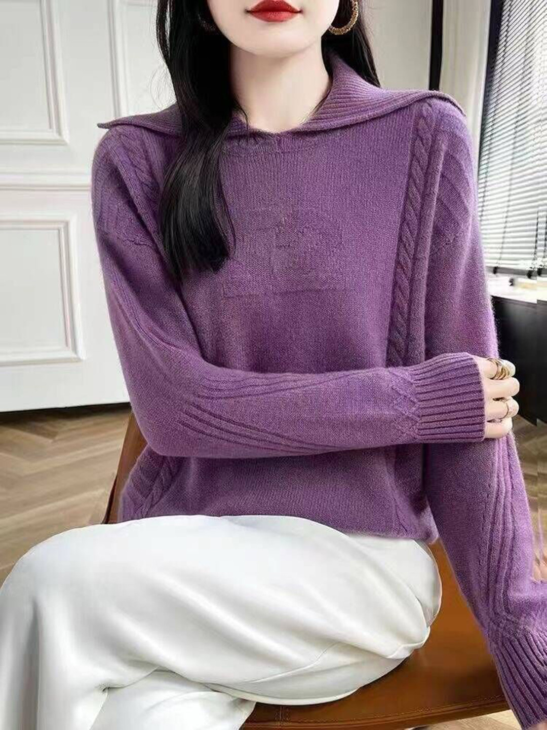 StyleCast Women Cable Knit Shirt Collar Pullover Sweaters