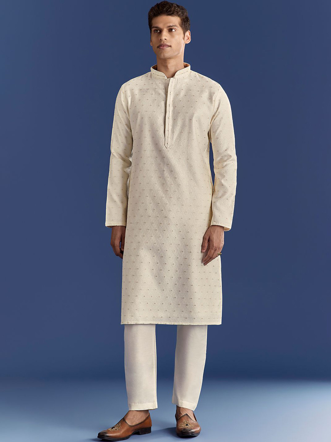 KALKI Fashion Men Floral Woven Design Sequinned Organic Cotton Kurta with Trousers