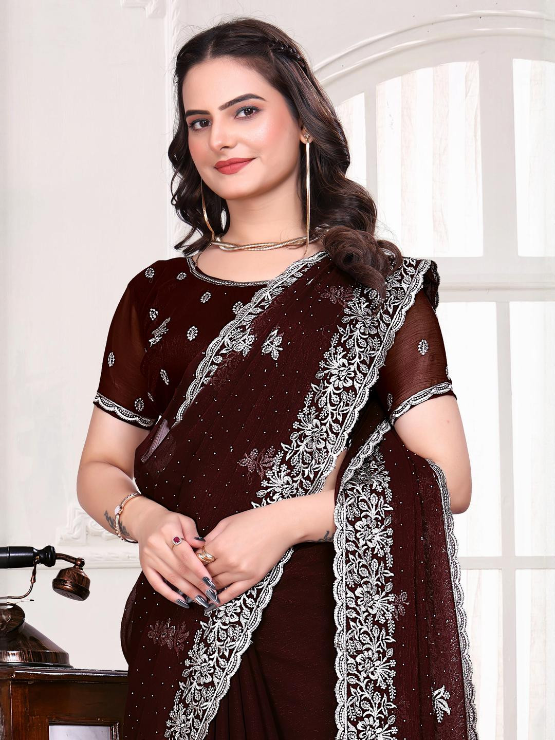 KHRITI FAB Maroon Embroidered Silk Blend Sarees