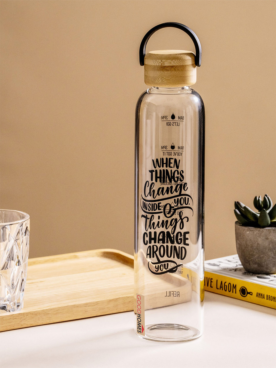 GOODHOMES Transparent & Black Printed Glass Smart Vacuum Water Bottle 750ml With Wood Lid