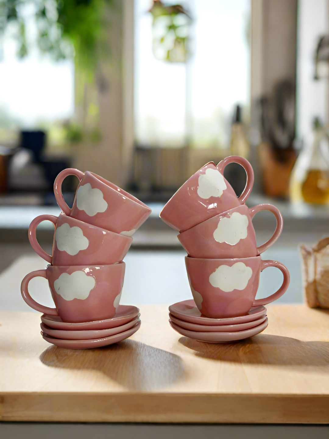 Bon Homey Pink 12 Pieces Printed Ceramic Dishwasher and Microwave Safe Tea Set