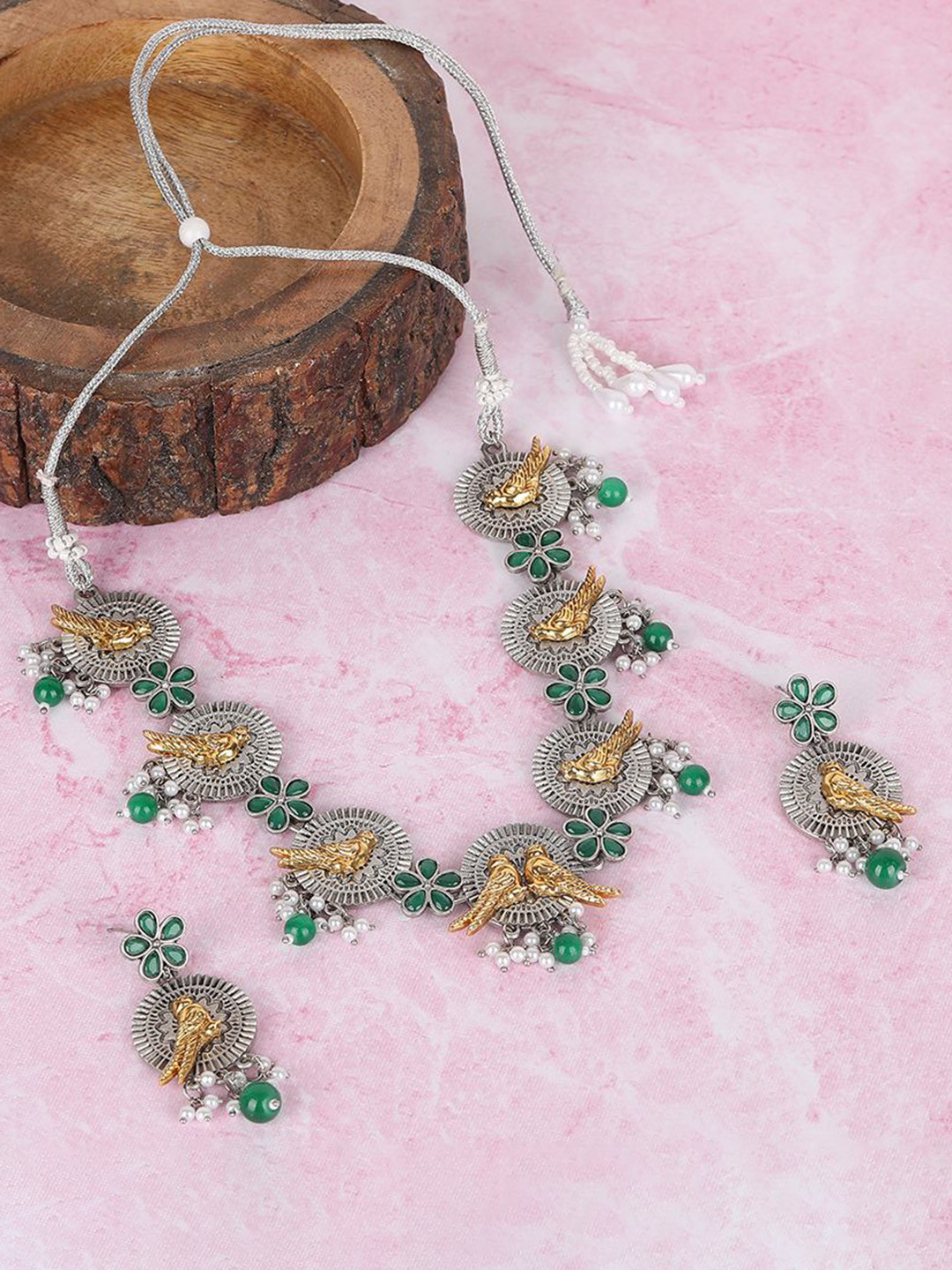 Anouk Silver-Plated Artificial Stones Studded & Beaded Oxidized Bird Motif Necklace Set