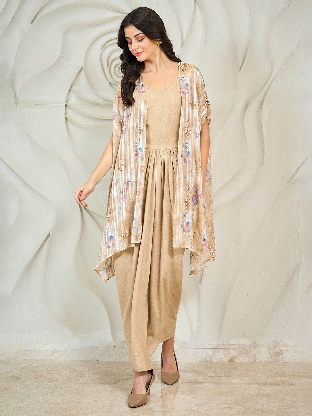 Shally Bhasin by Athena Women V-Neck Floral Batwing Sleeve Draped Maxi Dress