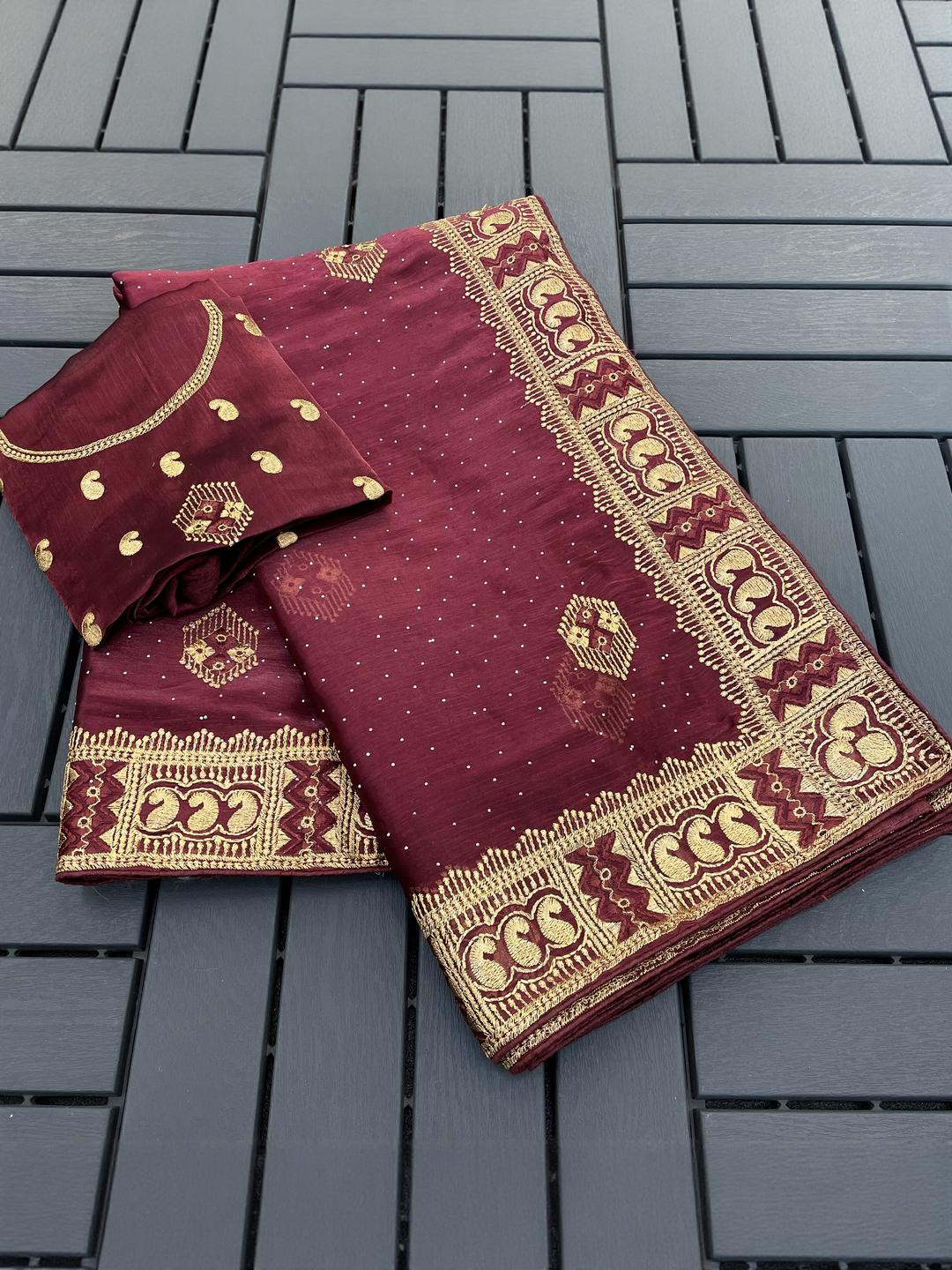 KHRITI FAB Maroon Embroidered Satin Sarees
