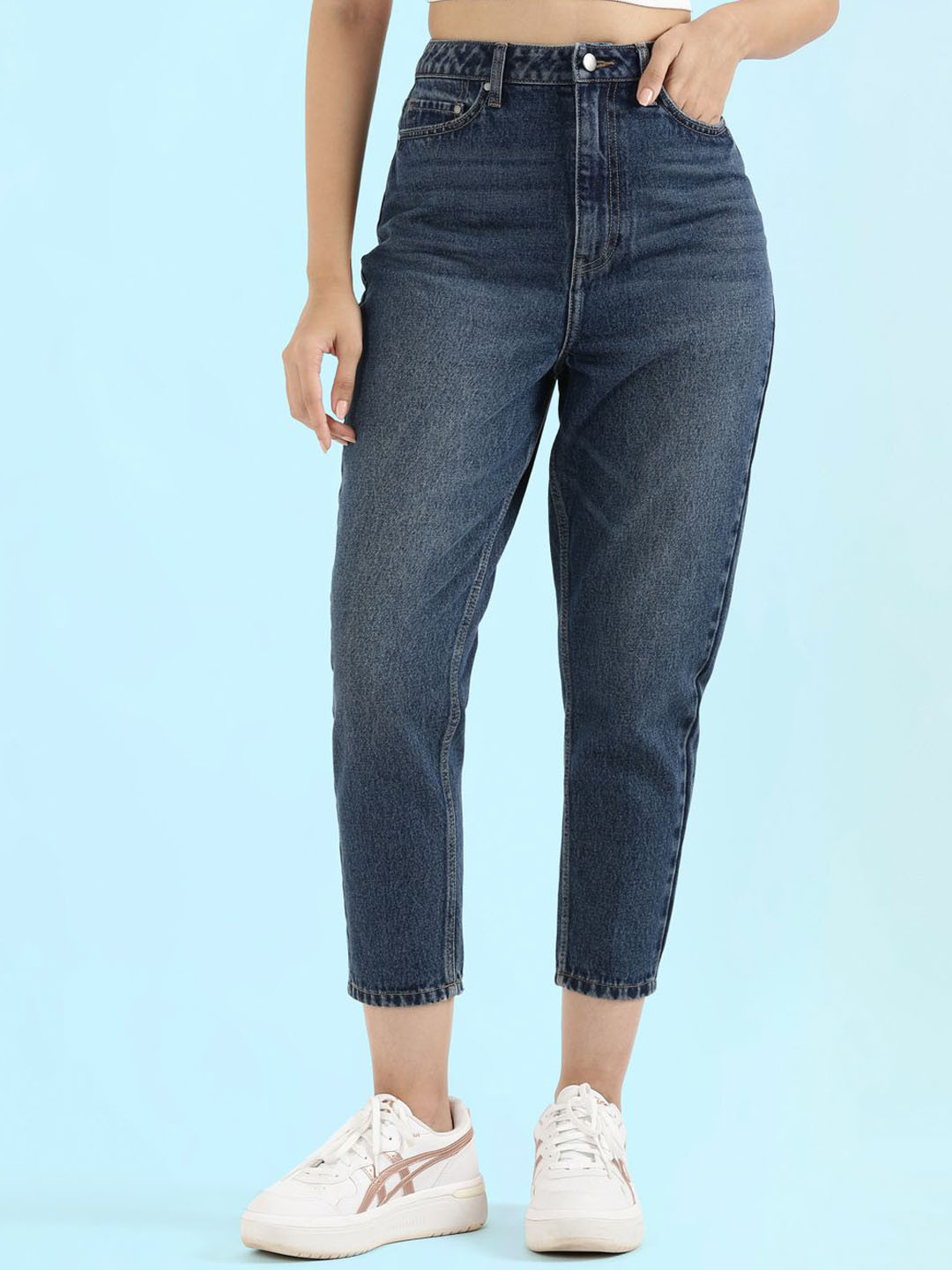 Go Colors Women Mom Fit Mid-Rise Light Fade Cotton Jeans
