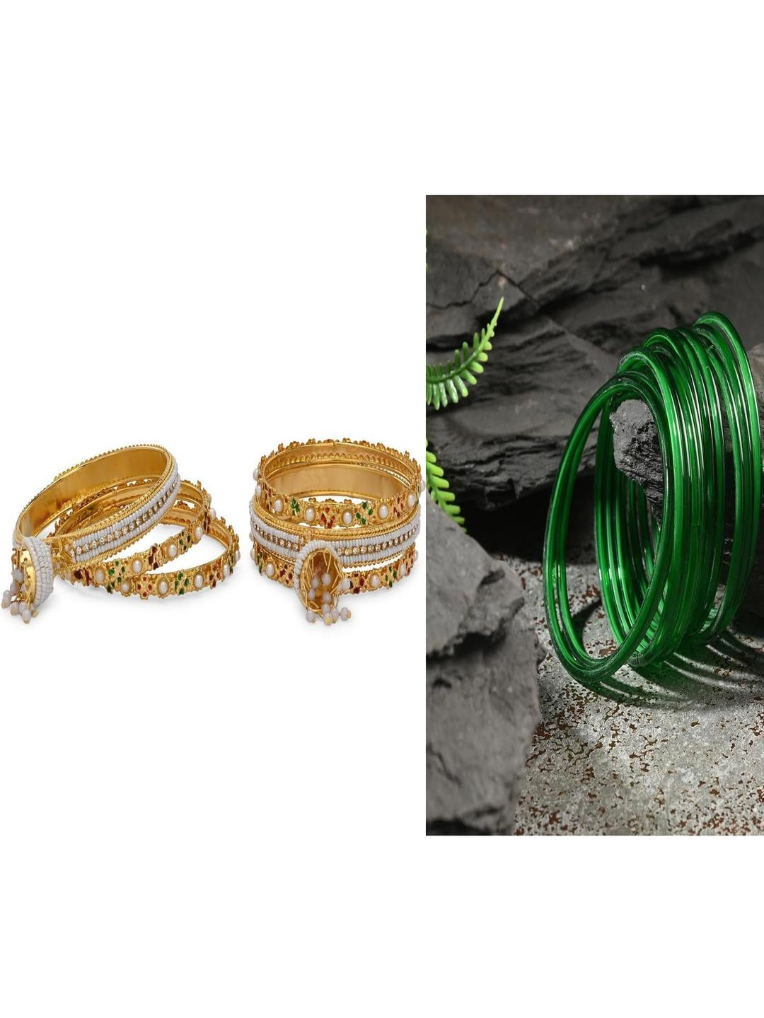 SOMIL Women Pack Of 2 Gold And Green Glass Ethnic Handcrafted Traditional Bangle