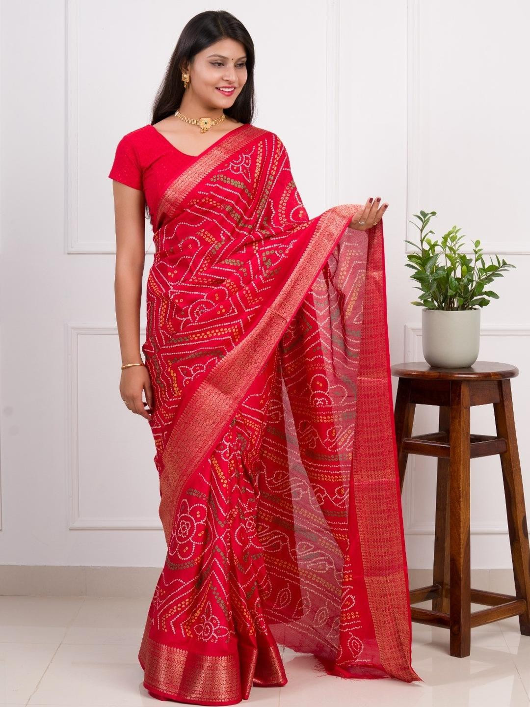 KCPC BANDHANI Red Silk Cotton  Sarees