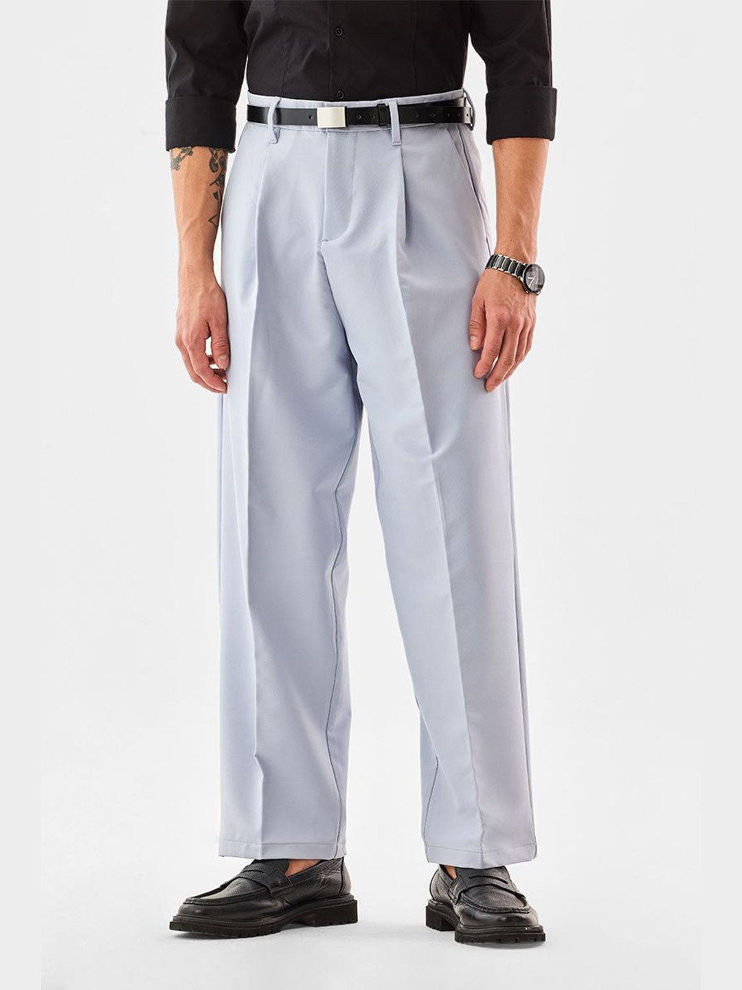 Snitch Men Light Blue Mid-Rise Baggy Formal Trousers