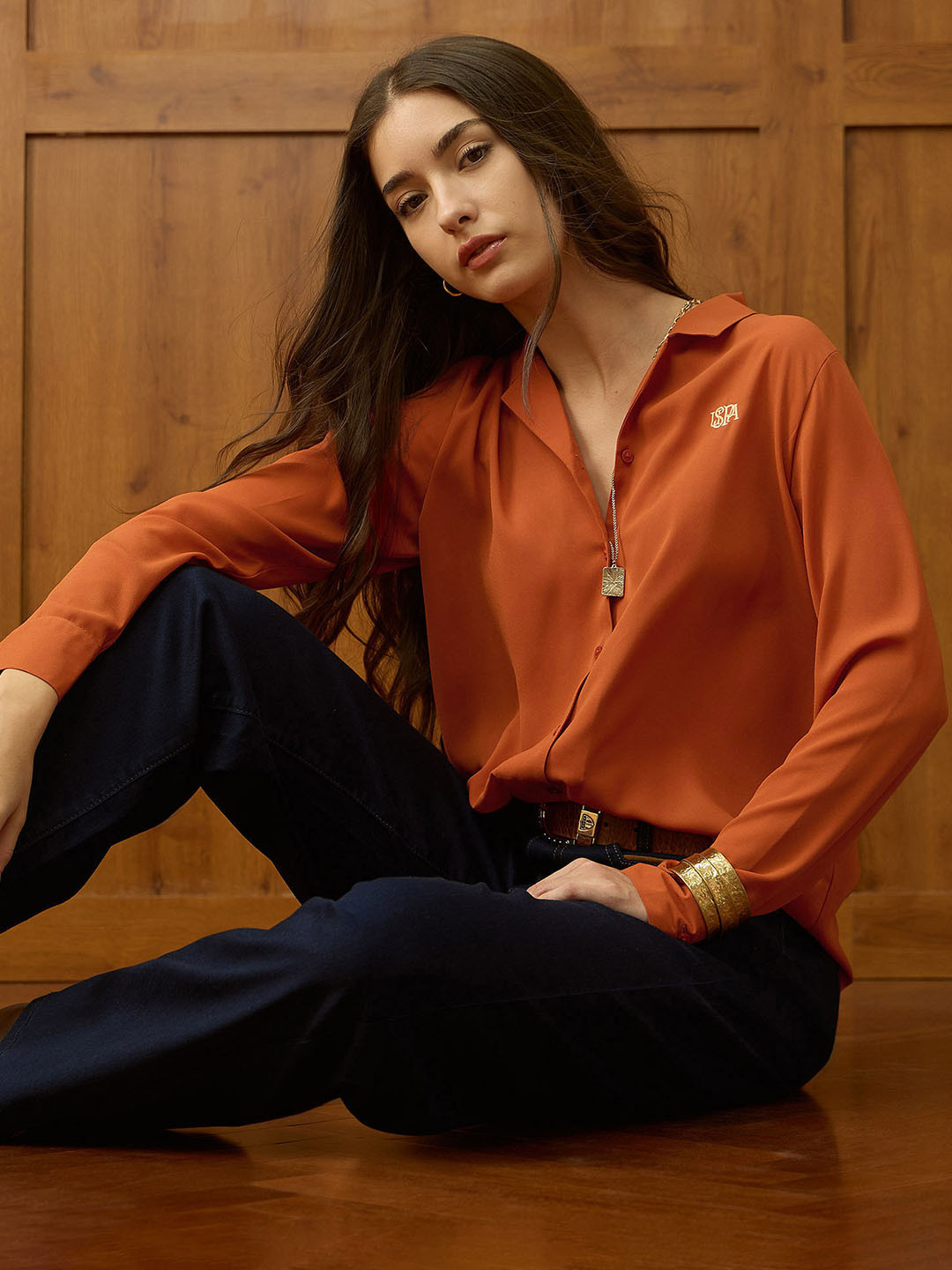 U.S. Polo Assn. Women Brand Logo Embroidered Spread Collar Casual Shirt