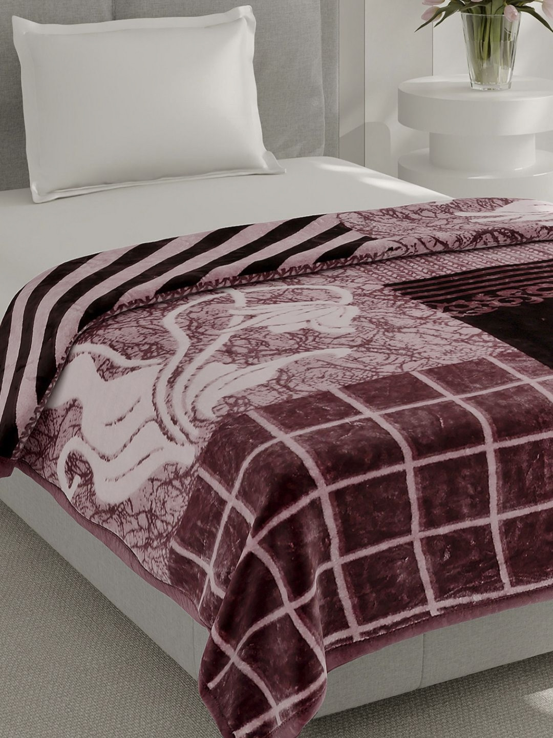 Monte Carlo Soulmate Coffee Brown & Pink Printed Heavy Winter Single Bed Blanket 483 GSM