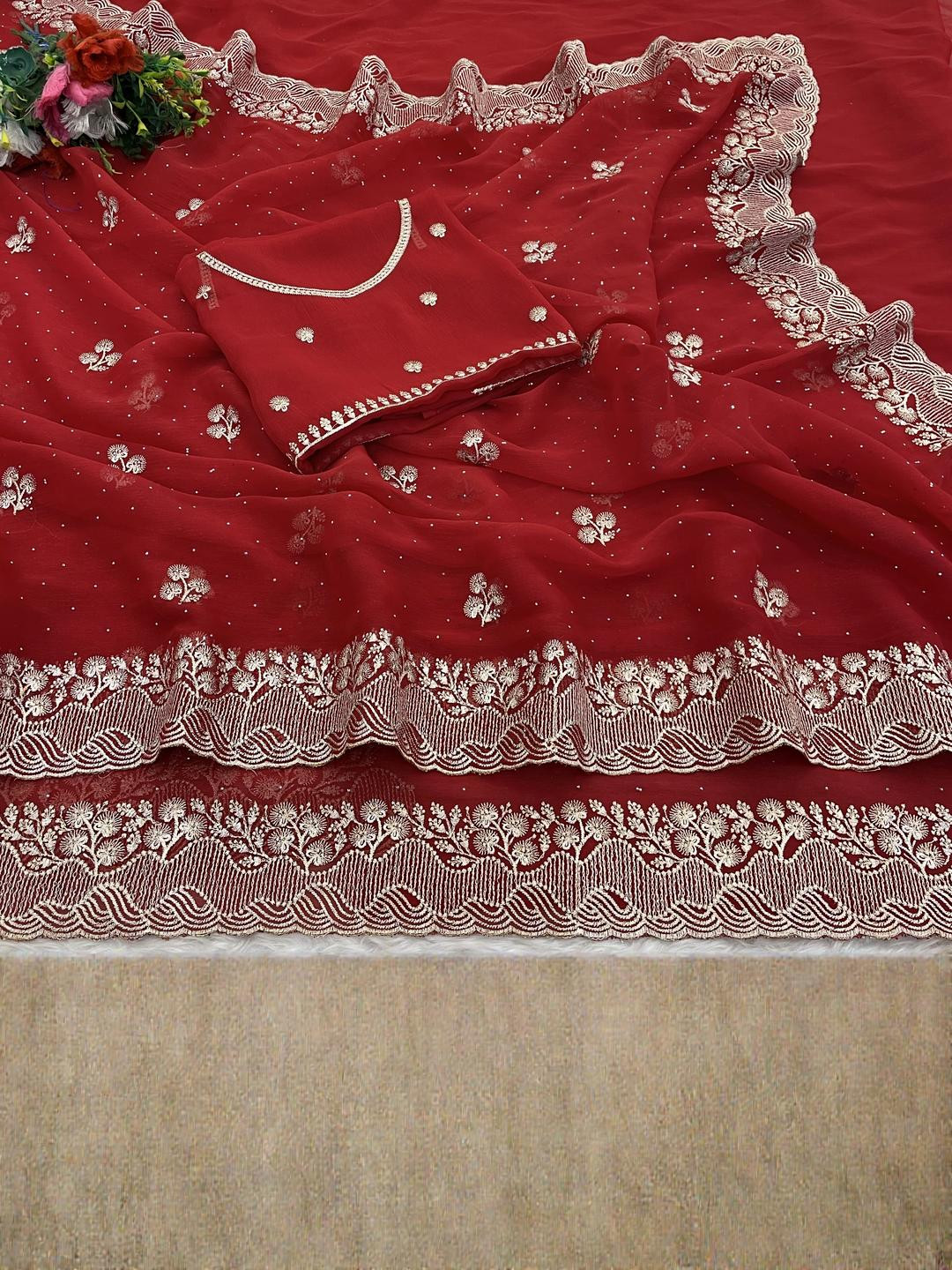 KHRITI FAB Red Embroidered Organza Sarees