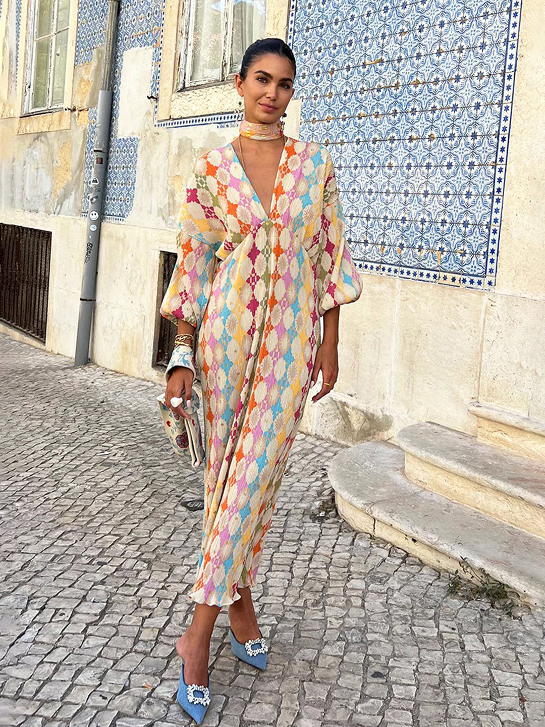 LULU & SKY Wmen Geometric Printed Crinkle-effect Deep V-neck Fit and Flare Dress