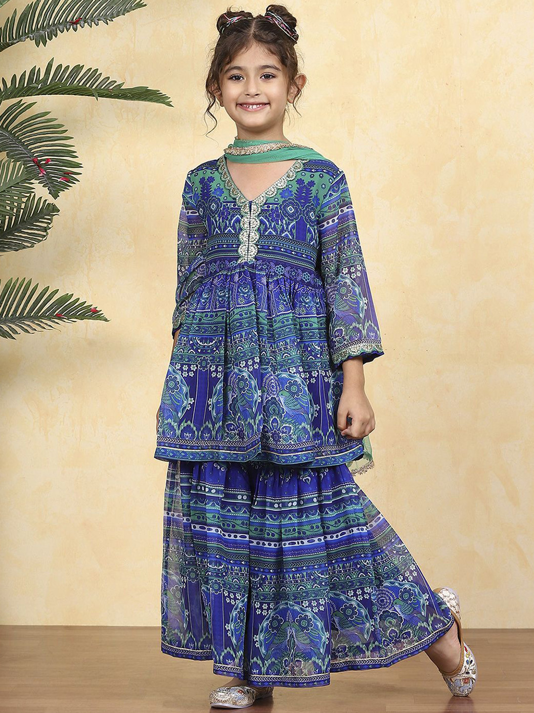 Biba Girls Ethnic Motifs Printed A-Line Kurta with Sharara & Dupatta