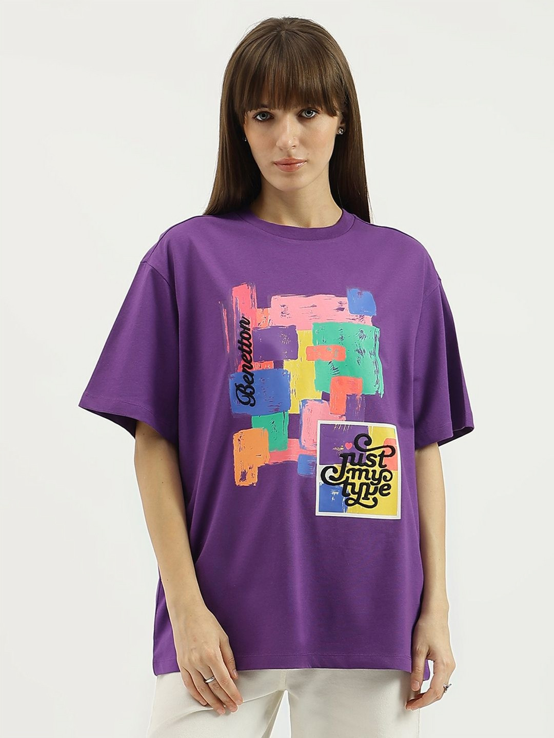 United Colors of Benetton Women Typography Printed Pure Cotton Oversized T-shirt