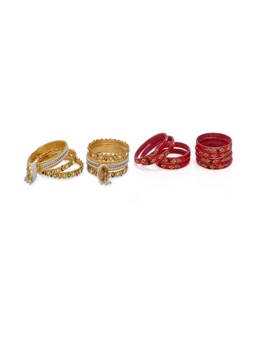 SOMIL Women Gold & Red Pack Of 10 Handmade Traditional Glass Bangle Set
