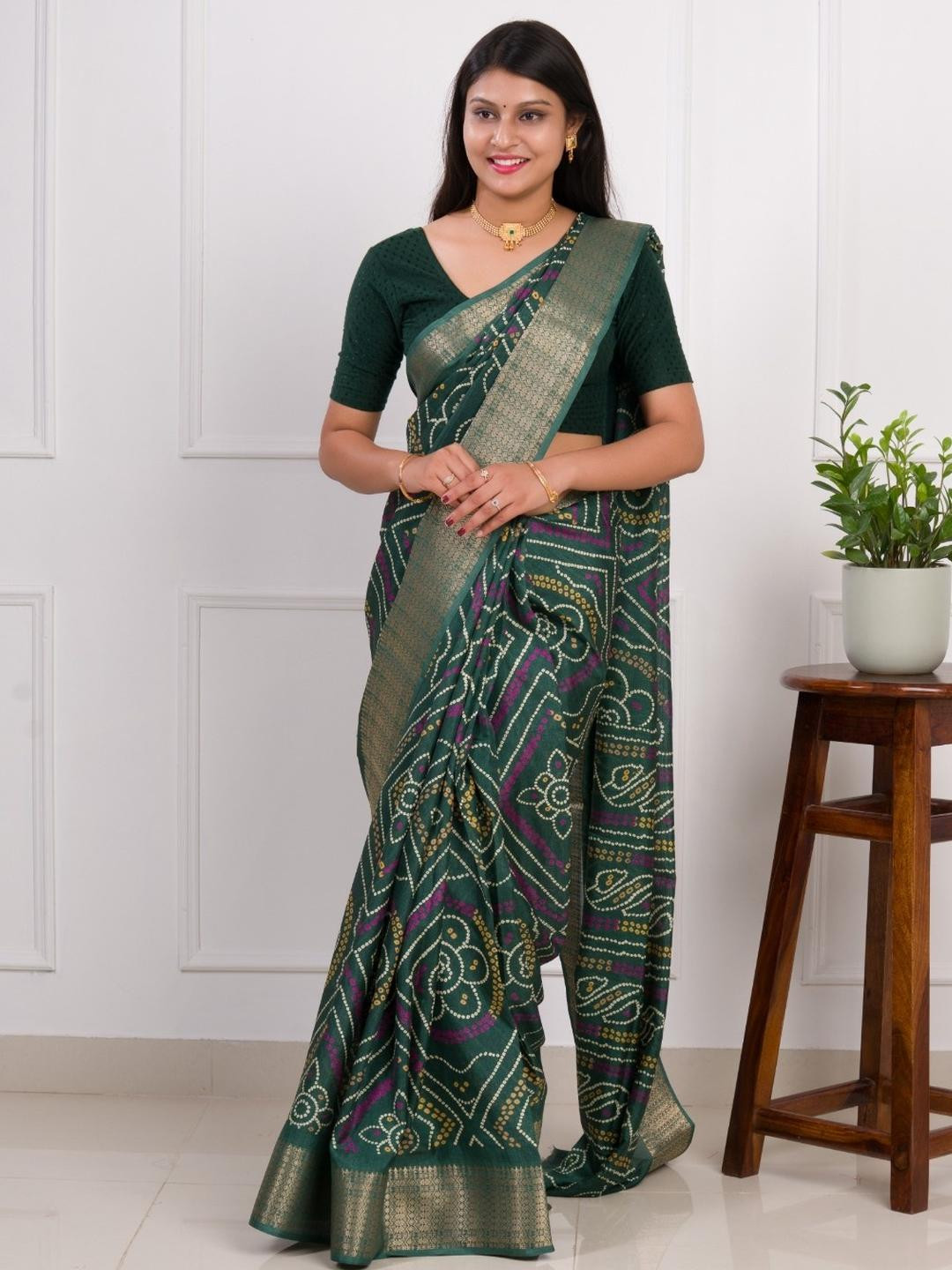 KCPC BANDHANI Green Silk Cotton  Sarees