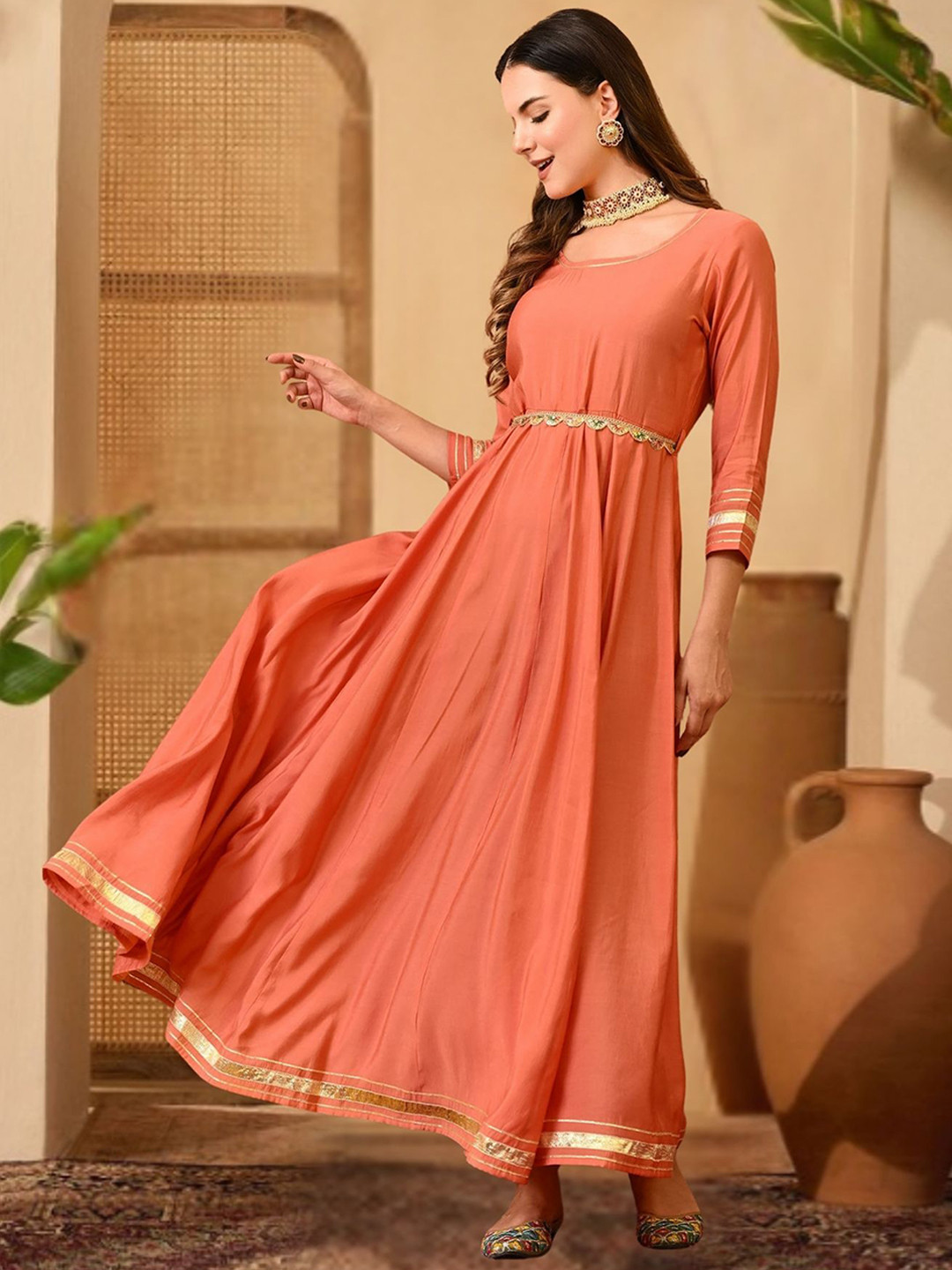 Sangria Round Neck Three-Quarter Sleeves Lace Inserts Gown Ethnic Dress